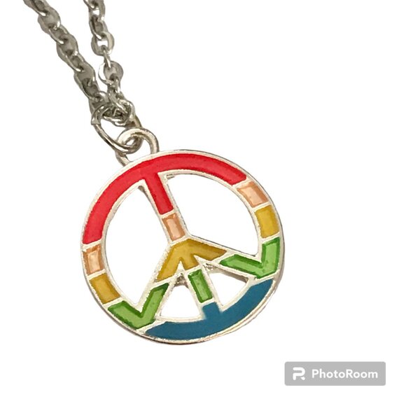 Peace Sign Pendant Choker Necklace Stainless Steel 20" Rainbow Hippie LGBT Retro - Picture 1 of 7